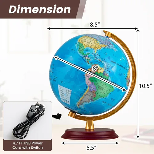 Vista 6 de Goplus Globo del mundo iluminado de 8 pulgadas, lámpara de globo iluminado de noche con soporte de madera y mapa HD para adultos, oficina en casa