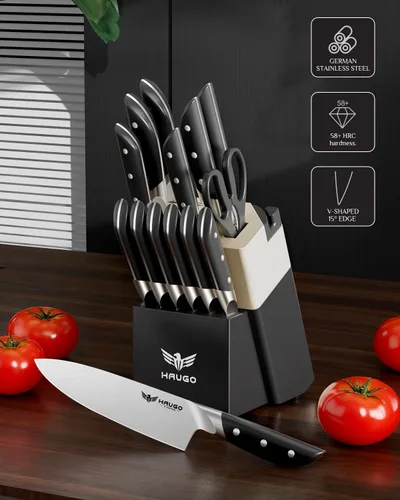 Vista 3 de Juego de cuchillos de cocina Haugo con bloque: juego de 14 piezas de cuchillos profesionales de acero inoxidable alemán de tajo completo - Gris negro