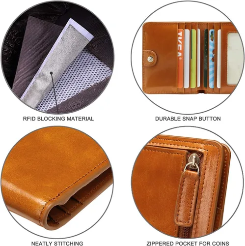 Vista 6 de Itslife - Cartera de piel con cierre de cremallera para mujer, tamaño pequeño, con ventana para identificación, marrón (Waxed Brown)), 1301