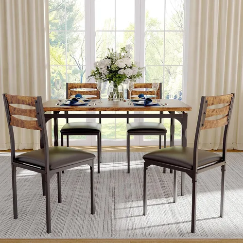 Vista 5 de IDEALHOUSE Juego de mesa de comedor de 5 piezas, juego de mesa de comedor y sillas de estilo industrial para 4, juego de mesa de cocina para Marrón