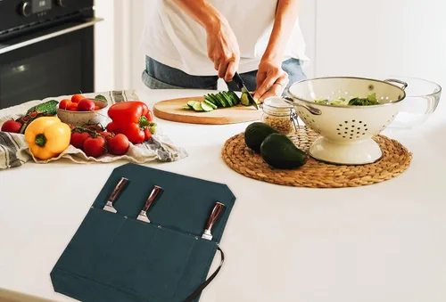 Vista 6 de Denifiter Bolsa enrollable para cuchillos de chef, duradera funda para cuchillos de lona encerada de 16 onzas con 4 ranuras, bolsa profesional