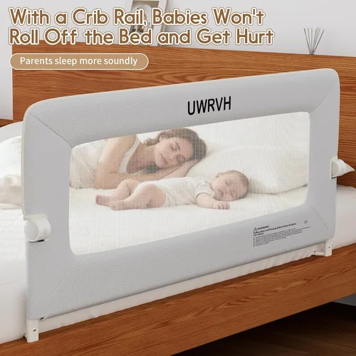 Vista 6 de Riel de cama para niños pequeños, riel plegable de 33 pulgadas, base en forma de T sin taladrar con bloqueo de seguridad, tela 3D suave, protector