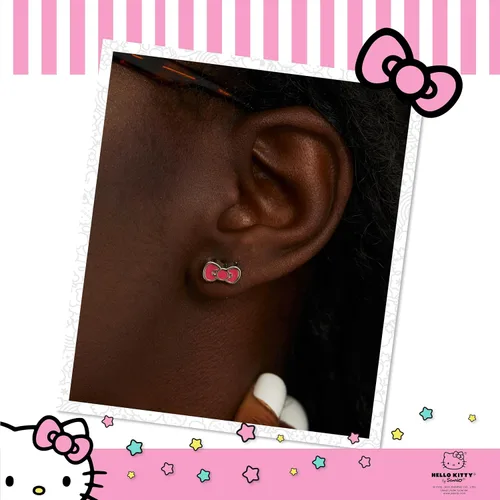 Vista 3 de Hello Kitty Sanrio Fashion Jewelry Set de licencia oficial 16 pulgadas + 3 pulgadas colgante collar y aretes de lazo, Imitación de rodio, Sin