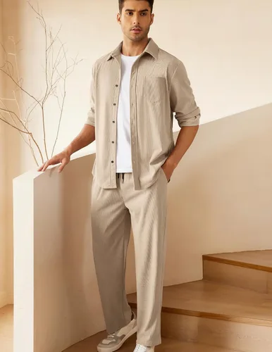 Vista 2 de COOFANDY Men's 2 Piece Outfits Casual Track Suits Corduroy Button Down Shirts and Elastic Waistband Pant Sets
