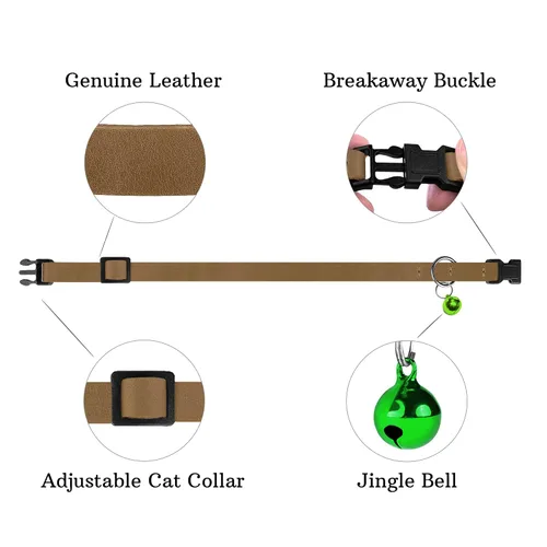 Vista 6 de Muromto Breakaway - Collar de piel suave ajustable para gatos con campana, rosa, marrón, azul, verde, rojo (marrón)