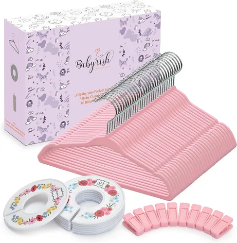 Vista 11 de Babyrish Perchas de terciopelo para bebé con 10 clips y 8 divisores (paquete de 30) Perchas ultrafinas para ropa de bebé de 11 pulgadas Fieltro