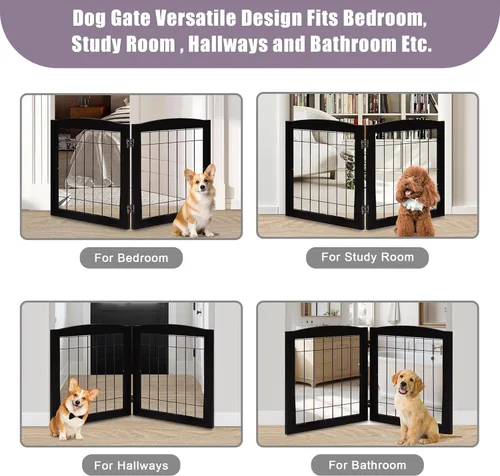 Vista 6 de LZRS Puerta plegable independiente de madera para perros de 2 paneles, madera maciza y alambre de acero, barrera para mascotas resistente a