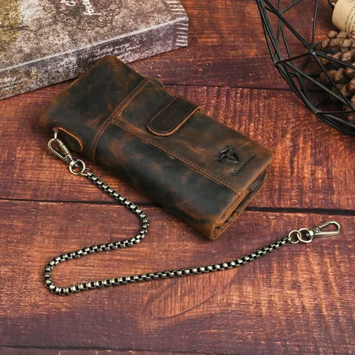 Vista 18 de Genuino Caballo Loco Cuero Regalo de Viaje Moneda Bolsillo Tarjetero Organizador Largo Cadena Rfid Cartera Monedero Con Broche Para Hombres Hombres
