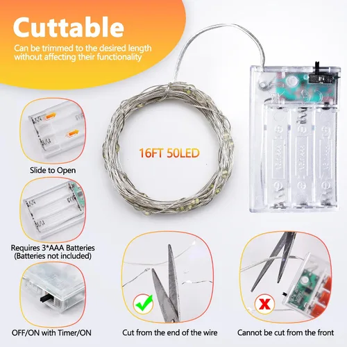 Vista 5 de Joomer Guirnalda de luces LED que funcionan con pilas, paquete de 2 50 luces LED cortables de 16 pies con temporizador para dormitorio, fiestas