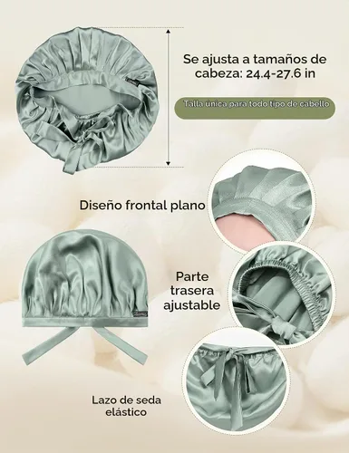 Vista 3 de LilySilk Gorro 100% de seda de morera, gorro de seda para dormir, ajustable para dormir, Verde aguacate