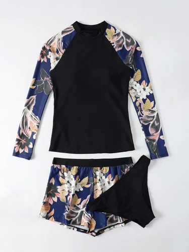 Vista 3 de MakeMeChic Traje de baño tankini de 3 piezas para mujer, traje de baño floral de manga larga