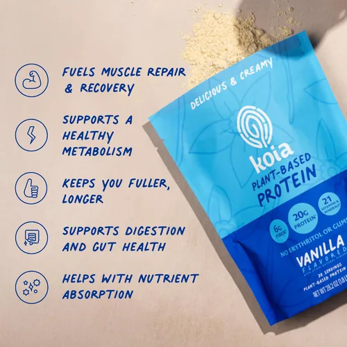 Vista 5 de Koia - Proteína en polvo a base de plantas, vainilla, 20 g de proteína, 3 g de azúcar, 6 g de fibra prebiótica, antes y después del entrenamiento