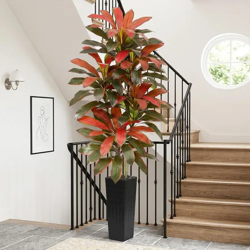 Vista 16 de Árbol de Dracaena artificial rojo de 6 pies, plantas falsas altas Hoja blanco-roja