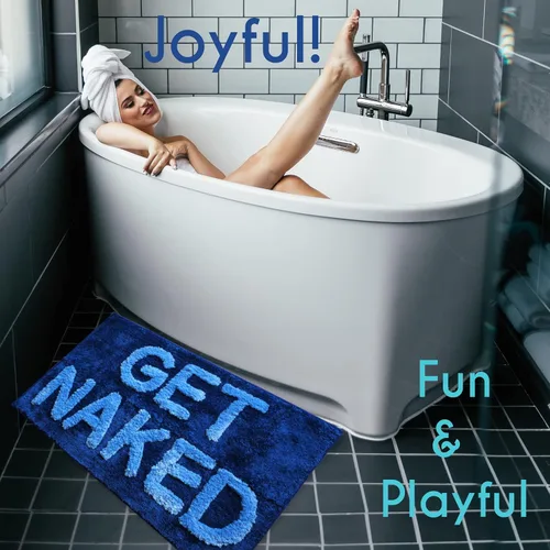 Vista 5 de Evovee Alfombra de baño con texto en inglés «Get Naked», divertida y bonita, antideslizante, lavable y con texto en inglés «Get Nake», color azul