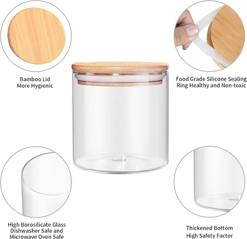 Vista 6 de Tarro de vidrio de 18 Oz/550 ML con tapa, recipientes de almacenamiento de vidrio versión engrosada transparente con tapa de bambú sellada