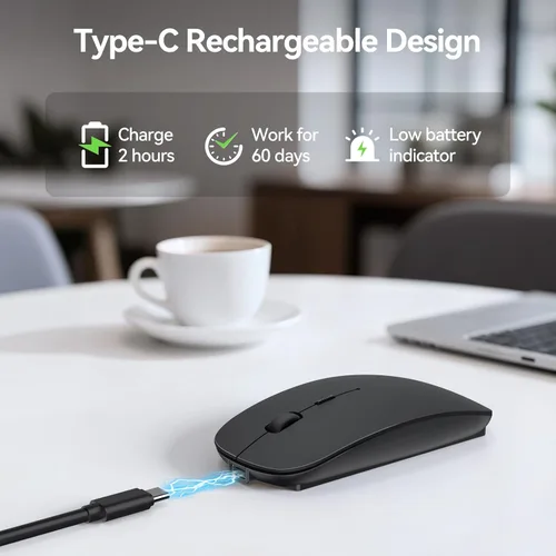 Vista 3 de TECKNET Ratón inalámbrico Bluetooth para laptop, mouse silencioso recargable (Bluetooth 5.2/3.0 y 2.4G), ultrafino, 6 niveles ajustables 4800 DPI