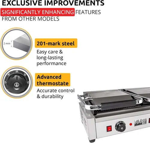 Vista 4 de ALDKitchen Panini - Parrilla de prensa para sándwich con control de temperatura ajustable, cabezal doble de 9 x 9 pulgadas (acanalado/liso)