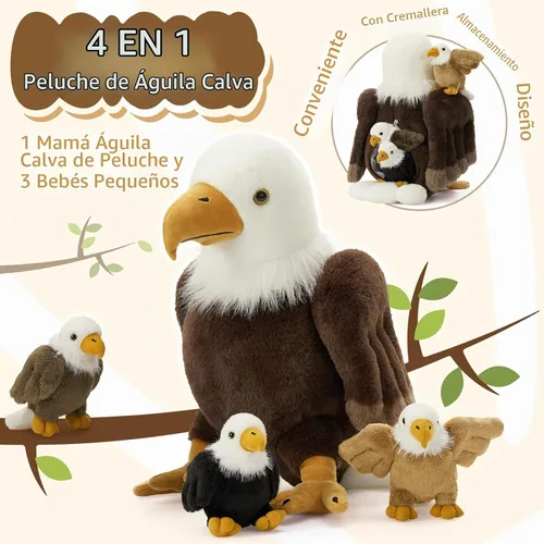 Vista 6 de BENINY - Juego de 4 piezas de peluche de águila calva, 18 pulgadas, mamá águila con 3 bebés
