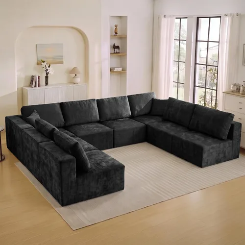 Vista 25 de WUTUTUEE Sofá modular en forma de U de 115 pulgadas, sofá modular modular de 3 plazas con 2 otomanas móviles, sofá cama convertible de pana con Beige