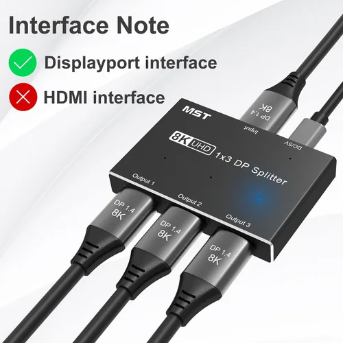 Vista 7 de Divisor DisplayPort 8k 1 en 3 Salida 8K @30Hz 4K @120Hz DP 1.4 Splitter Triple MST SST Hub Adaptador 1x3 Puerto para 1 DisplayPort Ultra HD Fuente a