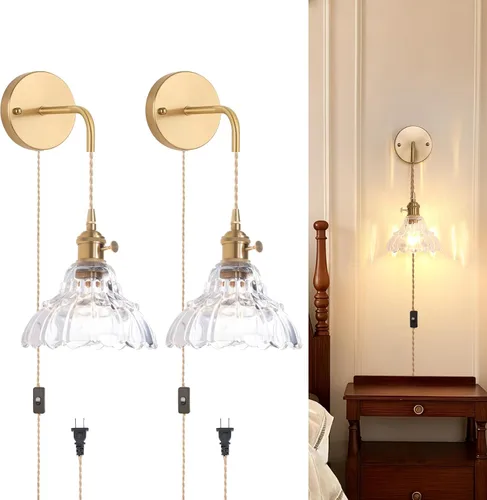Vista 11 de Shenmoyl - Aplique de pared que funciona con pilas, lámparas de pared vintage recargables con pantalla de vidrio de lirio verde, lámpara de pared