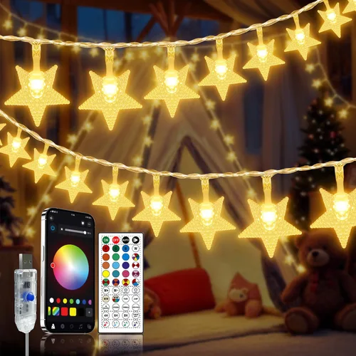 Vista 7 de OMIKA Guirnalda de luces de estrella con pilas, 33 pies, 60 LED, con control remoto, cambio de color, luces de estrella para interiores, dormitorio