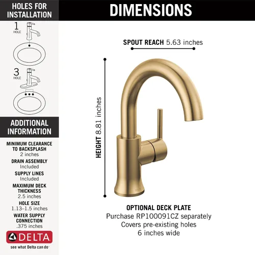 Vista 3 de Delta Faucet Trinsic Grifo de Baño de Un Solo Orificio, Grifo de Lavabo de Baño Dorado, Grifo de Baño de Una Sola Manija, Tecnología Diamond Seal
