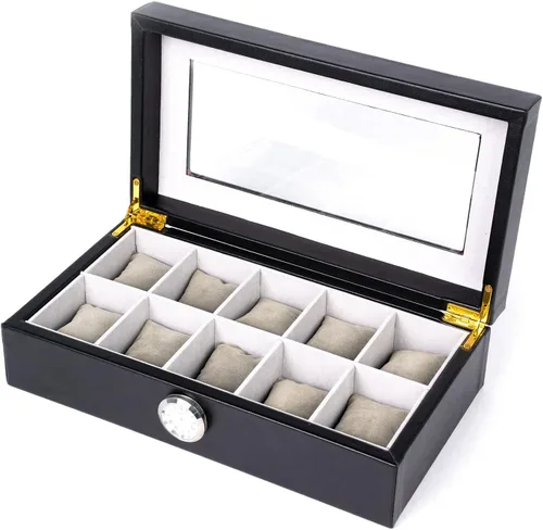 Vista 7 de Caja de reloj con 10 ranuras de vidrio transparente para hombres y mujeres, exquisito almacenamiento de reloj negro con piel sintética superior