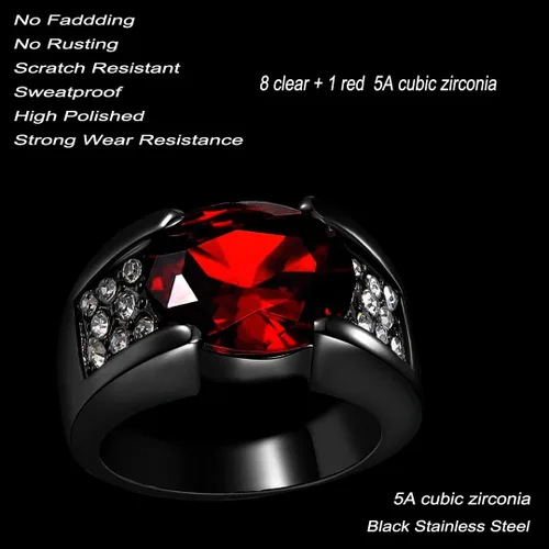 Vista 6 de Anillo ovalado de circonita cúbica 5A de corte múltiple para hombre, anillo de acero inoxidable 316L negro con gemas de cristal, anillo