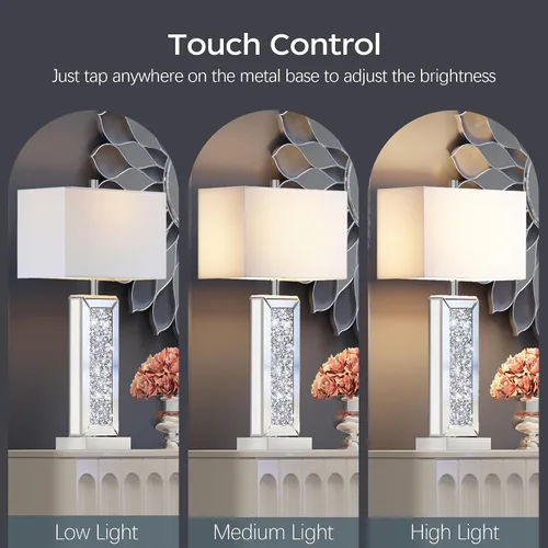 Vista 9 de Juego de 2 lámparas de mesa modernas con control táctil, lámpara de noche de espejo plateado con gran cristal de diamante, con puertos USB C+A