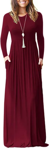 Vista 16 de Vestido de manga larga para mujer, holgado, liso, largo, estilo informal, con bolsillos. 01-verde militar