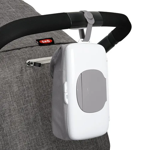 Vista 4 de OXO Tot On-The-Go - Dispensador de toallitas con bolsa para pañales, color gris y plástico, estante de secado para ahorrar espacio para cocina