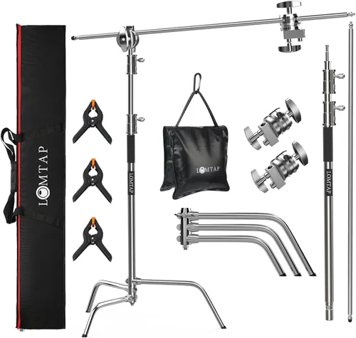 Vista 10 de LOMTAP - Soporte C para luz de fotografía en metal inoxidable - Kit resistente con poste vertical de 10.8 pies/3.3 metros, brazo de pluma de 4.2