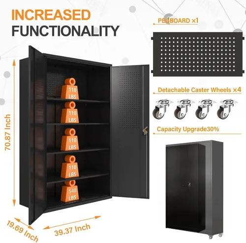 Vista 2 de Gabinete de almacenamiento de metal ancho mejorado, gabinete de garaje con cerradura de 72 pulgadas con ruedas y 4 estantes ajustables, gabinete