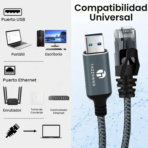 Vista 3 de Cable USB a Ethernet de 3.3 pies, Cable USB 3.0 A a RJ45 macho conectado directamente a la red LAN Gigabit, compatible con laptop, PC, MacBook