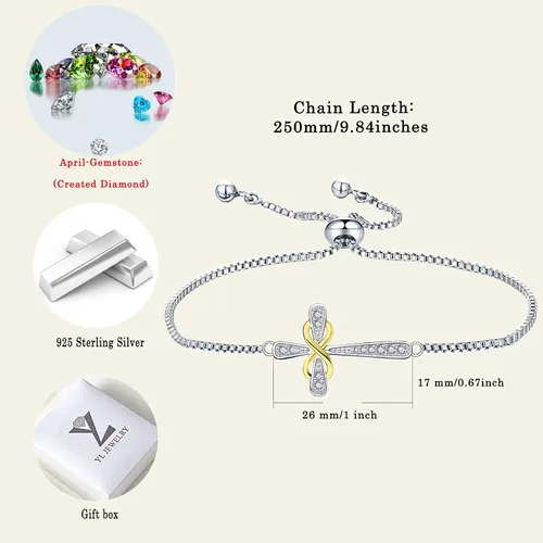 Vista 6 de YL Pulsera de cruz de plata de ley 925 con eslabones laterales infinitos, joyería de piedra natal para mujer