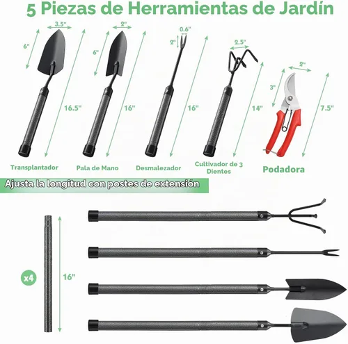 Vista 4 de Juego de herramientas de jardín de 5 piezas con mango extendido, juego de herramientas de jardín resistentes, kit de herramientas de jardinería