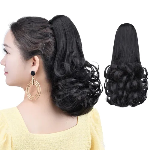 Vista 41 de Cola de caballo con clip, color castaño rojizo, ondulado de 10 pulgadas, extensión de cola de caballo de 3.3 onzas, extensiones de cabello sintético