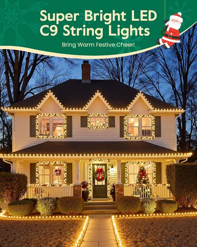 Vista 5 de Luces de Navidad C9 para exteriores con 100 clips de resorte de 65 pies, 100 LED, cadena de luces C9 impermeable conectable para casa, techo, patio