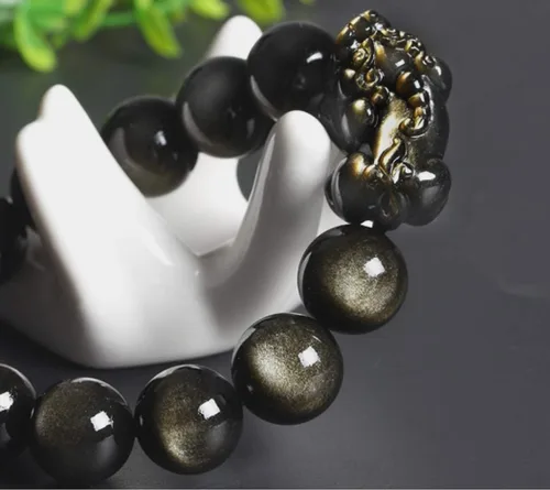 Vista 3 de Jan Dee Pulsera de cristal PiXiu de obsidiana natural y semipreciosa