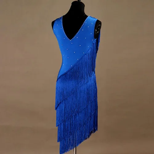 Vista 2 de Vestidos de baile latino con cuello en V para mujer, vestido de competición de salsa con flecos, sin mangas, disfraz de cha cha, para sala de baile