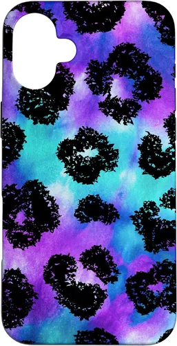 Vista 22 de iPhone 16 Purple Turquoise Black Leopard Tie Dye Print Cheetah Pattern Case