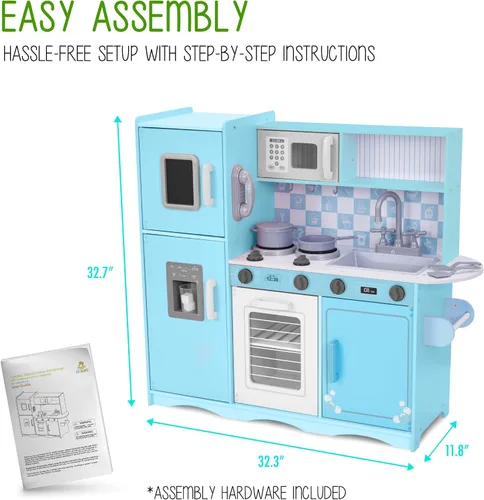 Vista 3 de Juego de cocina infantil Lil' Jumbl, cocina de madera de simulación con pizarra, teléfono de juego, toallero y dispensador de hielo, perillas