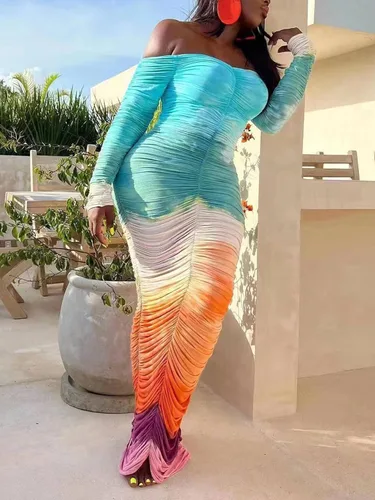 Vista 2 de YOOTIKO Vestido ajustado fruncido para mujer, con hombros descubiertos, teñido anudado, manga larga, sexy, sin espalda, para club, fiesta, vestido