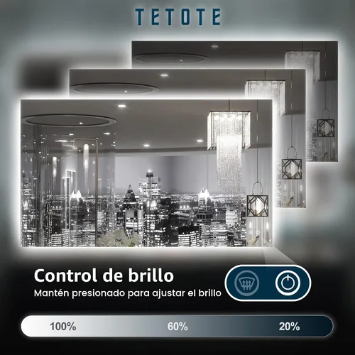 Vista 3 de TETOTE - Espejo retroiluminado para baño con luz, botón táctil regulable y función antivaho (horizontal o vertical)