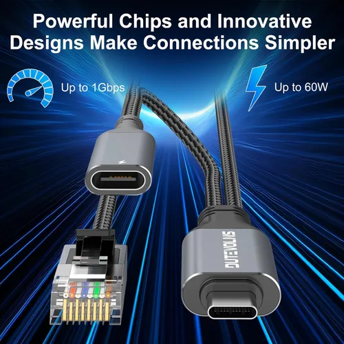 Vista 3 de Cable USB C a Ethernet y carga hembra de 6.6 pies, USB-C hembra 60 W PD y Gigabit LAN dos en uno, cable de nailon tipo C a RJ45, conectado
