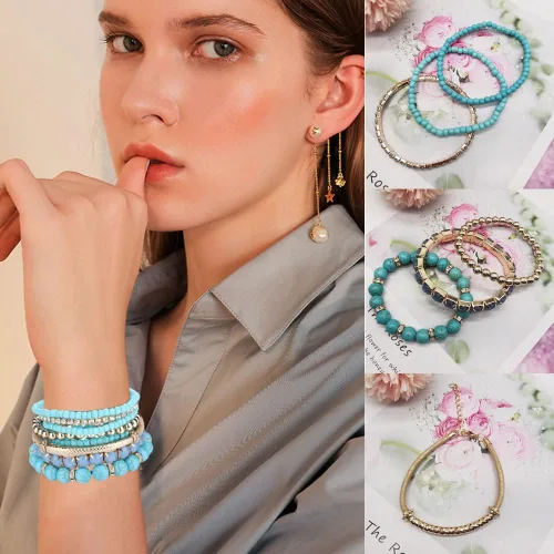 Vista 3 de FINZOR 6 juegos de pulseras bohemias apilables de cuentas para mujer, pulseras elásticas multicolores, pulseras ajustables de cuentas en capas