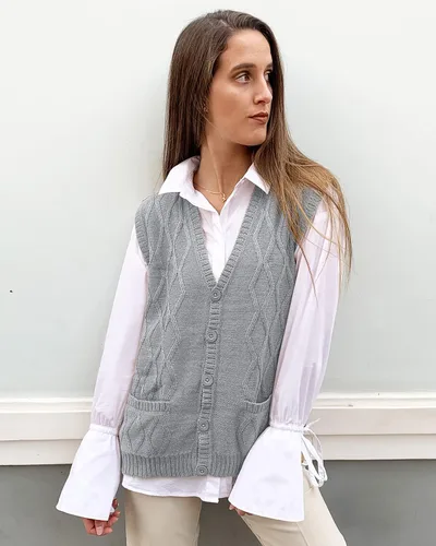 Vista 3 de TINKUY Chaleco peruano de lana de alpaca con cuello en V y rombos para mujer, S-4XL