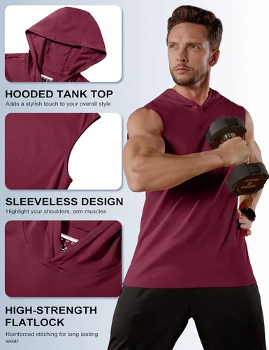 Vista 5 de MAGCOMSEN Camiseta sin mangas con capucha de algodón para hombre, camiseta casual de verano