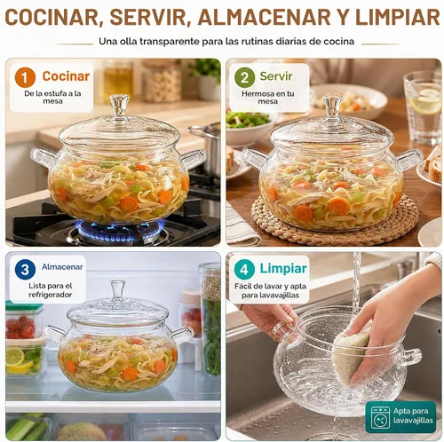 Vista 7 de Olla de vidrio de borosilicato, cacerola de 2.5 cuartos con tapa, apta para microondas, estufa y lavavajillas